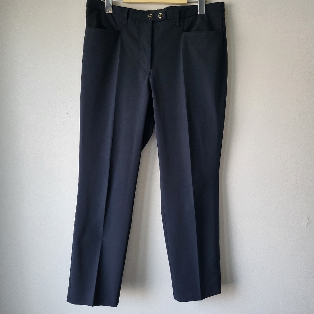 Cambio Selma Short blue satiny feel trouser with flap pockets. Size 12